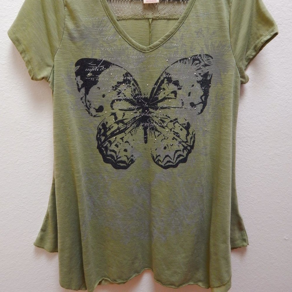 Olive Green Butterfly Flare T-Shirt Lace Detail